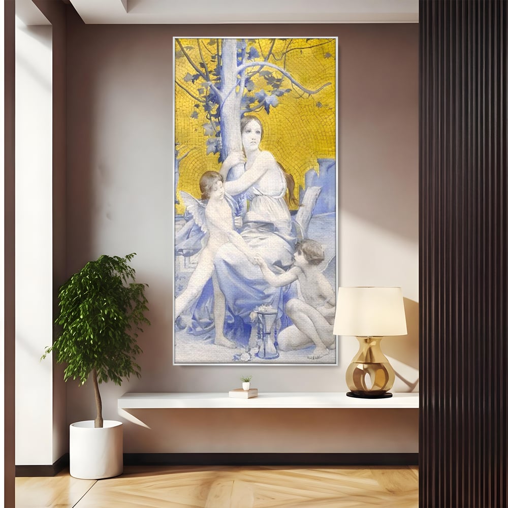 Tablou canvas cu tablou canvas cu mama ingeri si copac, in rama de aluminiu argintiu